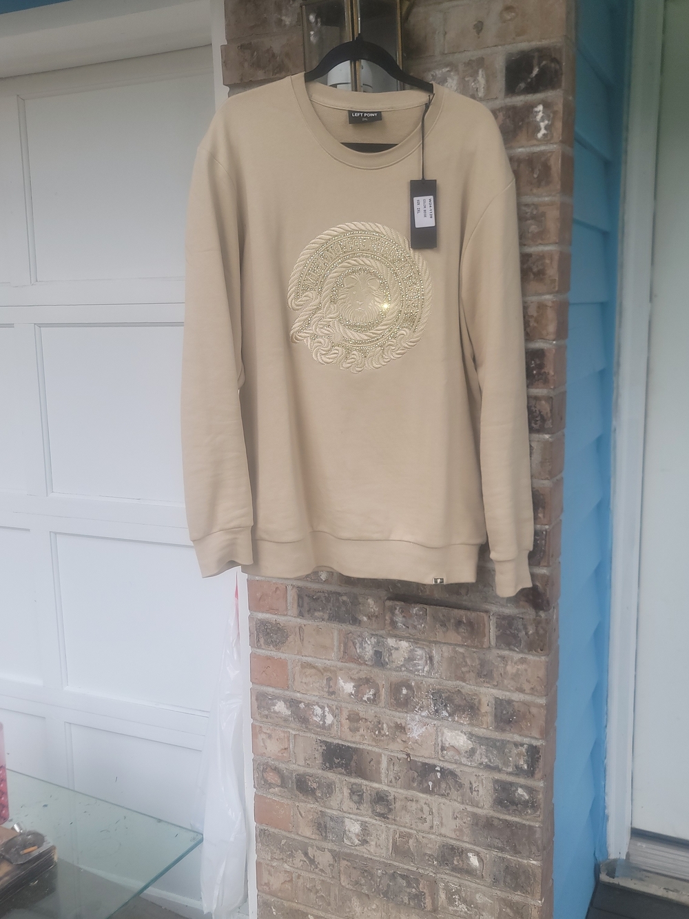 Men's Long Sleeve Crewneck Sweatshirt in Beige with Embroidered Medallion